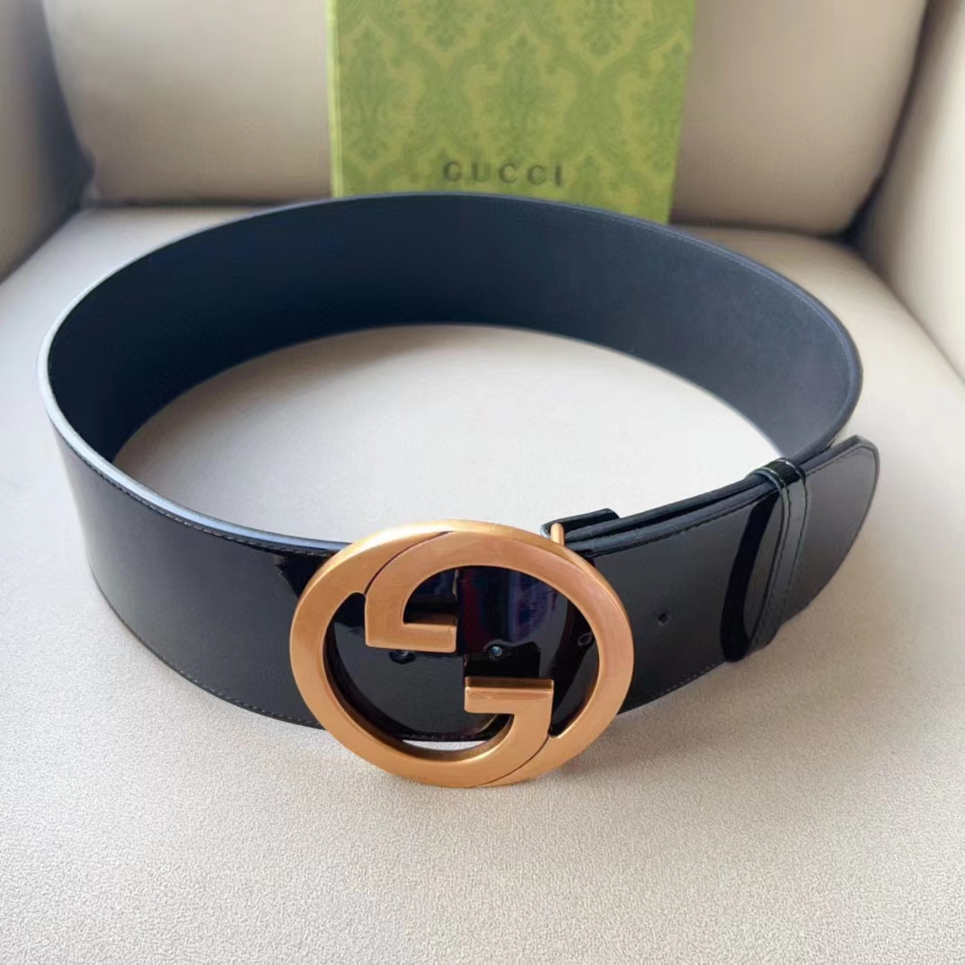 G*u*i unisex gg blondie wide belt black leather round interlocking g 5 cm width