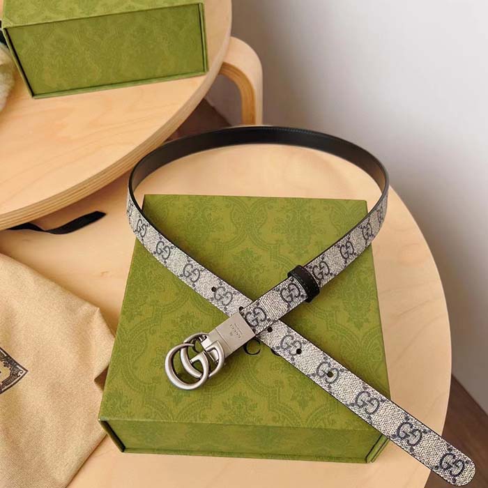 G*u*i unisex gg marmont reversible thin belt beige ebony gg supreme canvas double g buckle