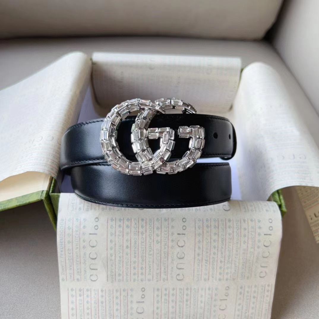 G*u*i unisex gg marmont thin belt crystals black leather double g buckle 3 cm width