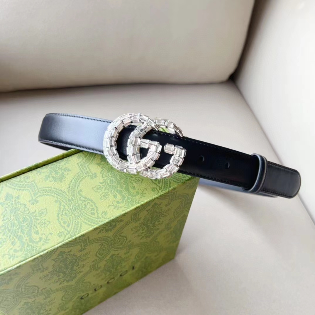 G*u*i unisex gg marmont thin belt crystals black leather double g buckle 3 cm width