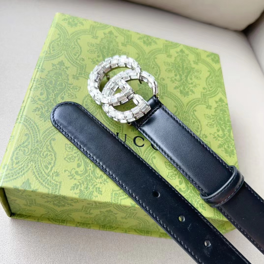 G*u*i unisex gg marmont thin belt crystals black leather double g buckle 3 cm width