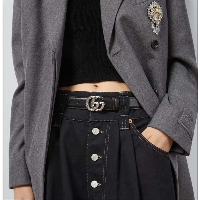 G*u*i unisex gg marmont thin belt crystals black leather double g buckle 3 cm width