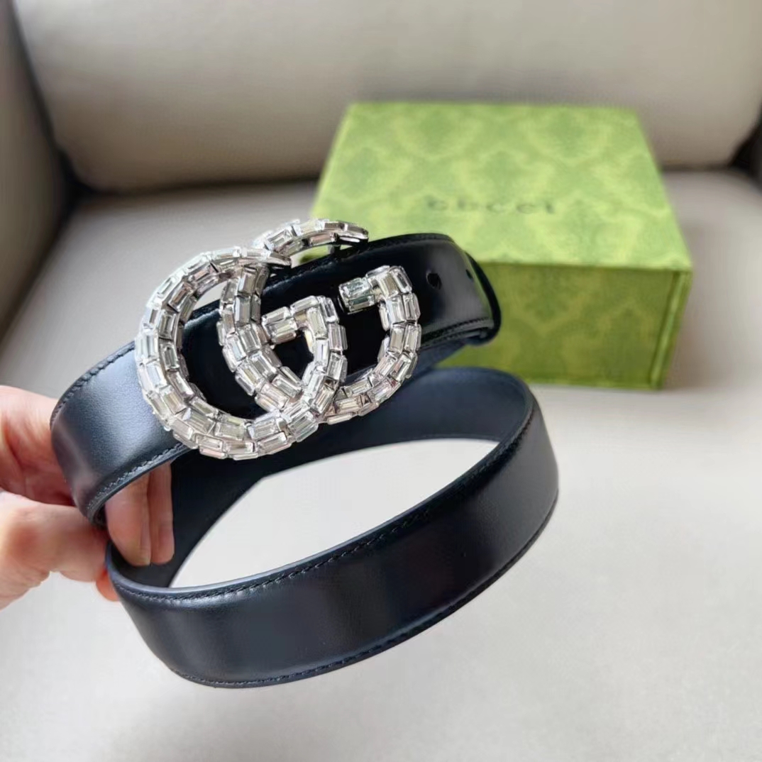 G*u*i unisex gg marmont thin belt crystals black leather double g buckle 3 cm width