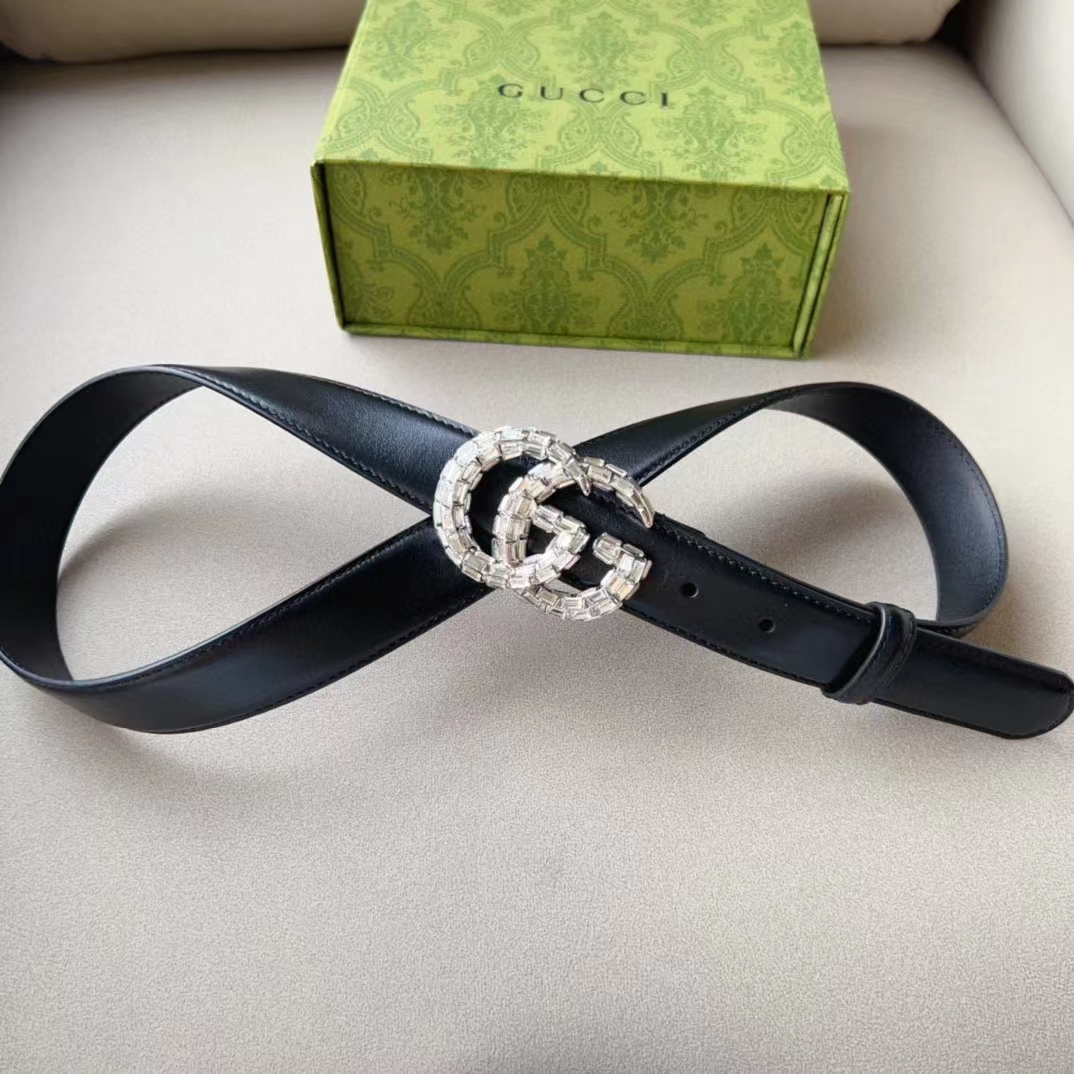 G*u*i unisex gg marmont thin belt crystals black leather double g buckle 3 cm width