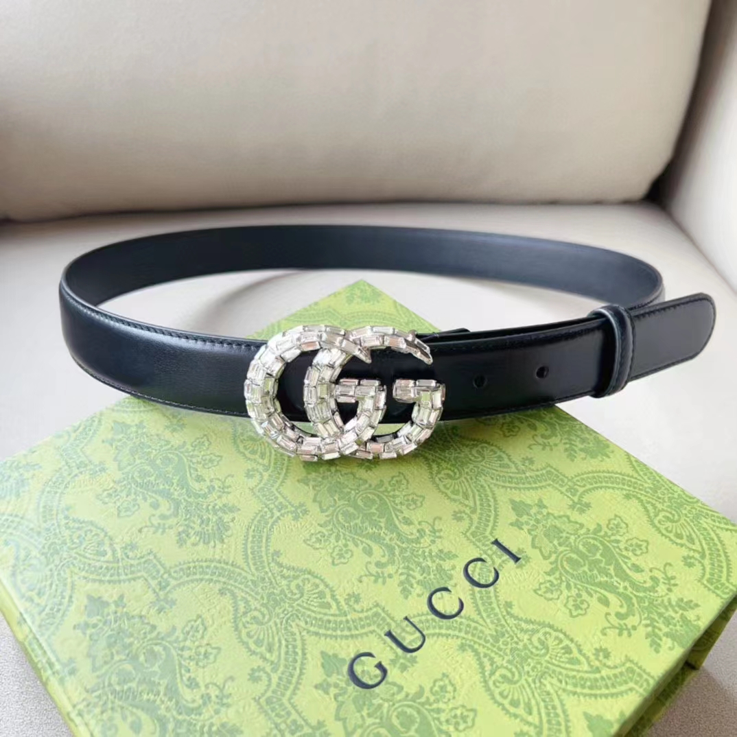 G*u*i unisex gg marmont thin belt crystals black leather double g buckle 3 cm width