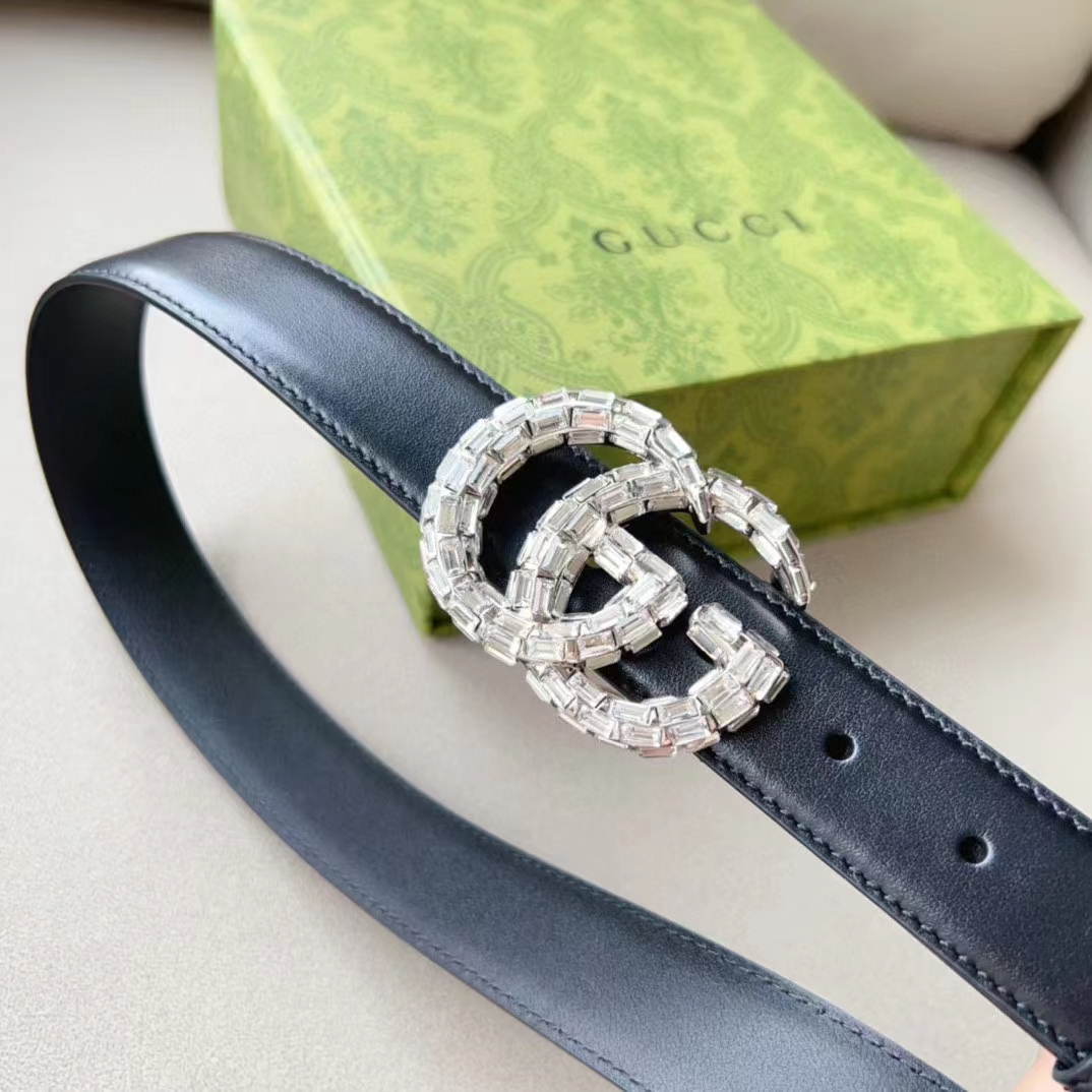 G*u*i unisex gg marmont thin belt crystals black leather double g buckle 3 cm width