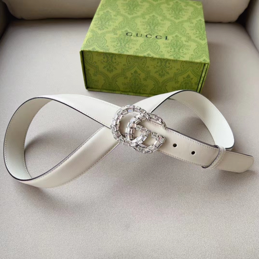G*u*i unisex gg marmont thin belt crystals white leather double g buckle 3 cm width