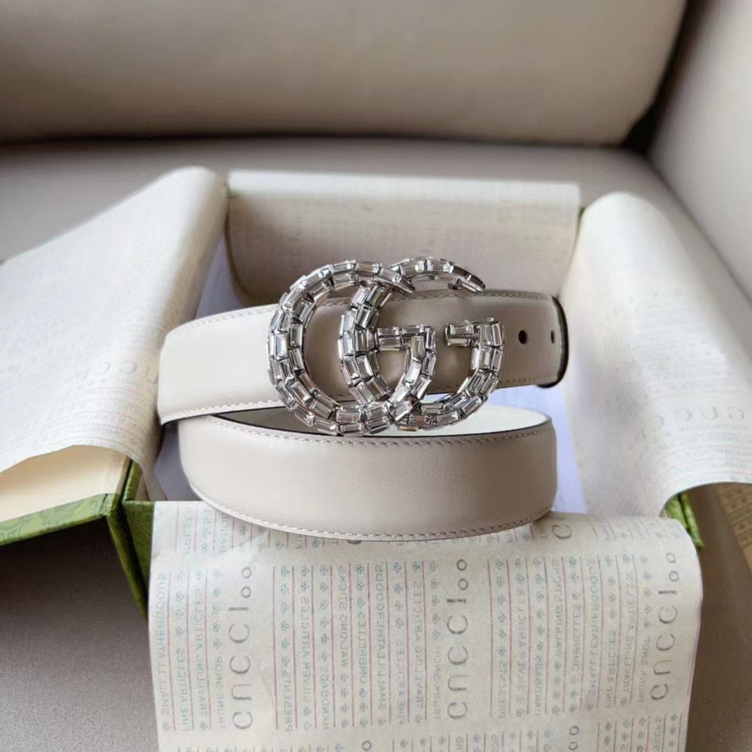 G*u*i unisex gg marmont thin belt crystals white leather double g buckle 3 cm width