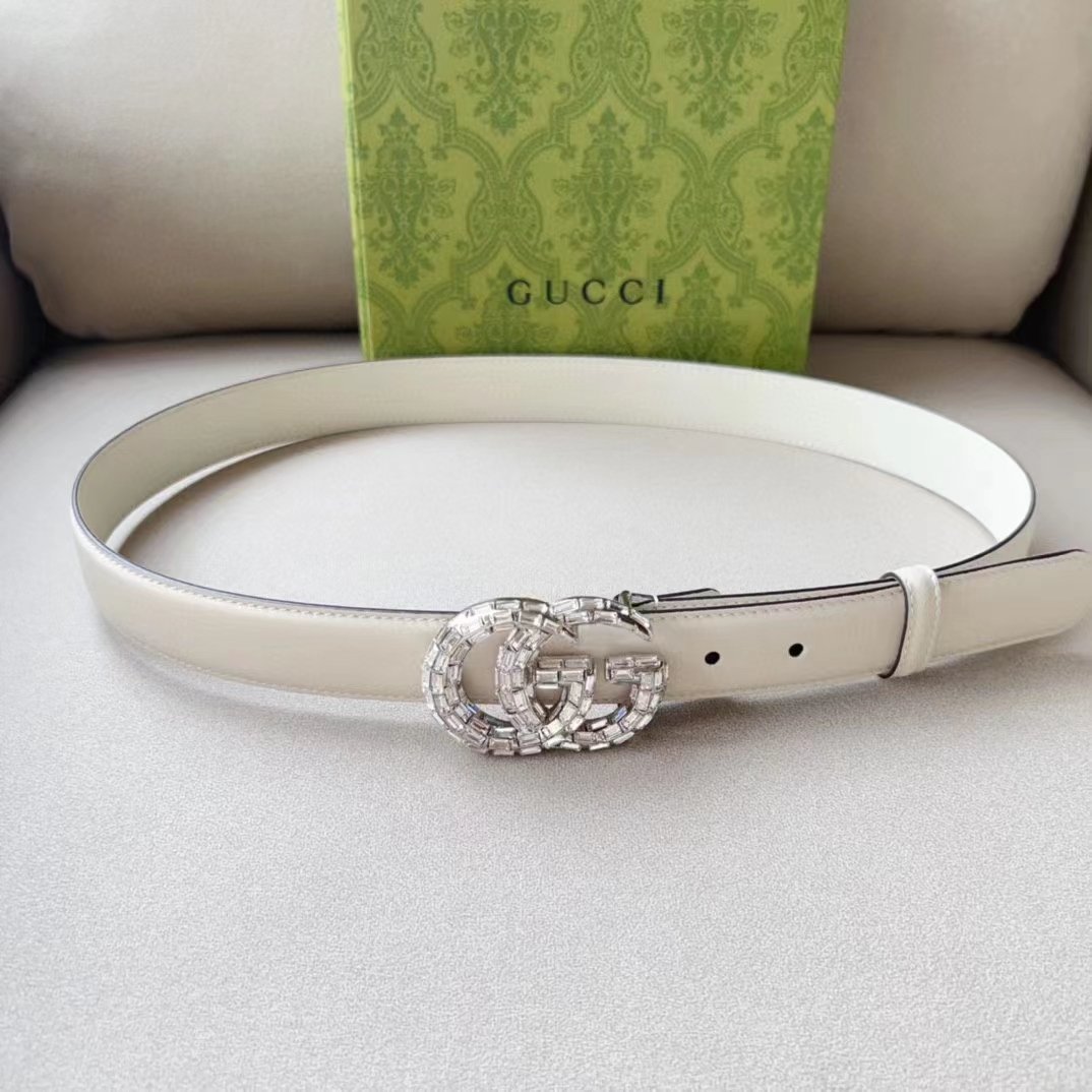 G*u*i unisex gg marmont thin belt crystals white leather double g buckle 3 cm width