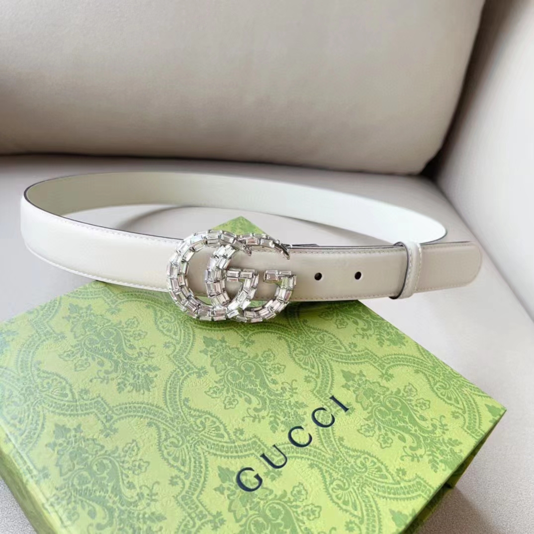 G*u*i unisex gg marmont thin belt crystals white leather double g buckle 3 cm width