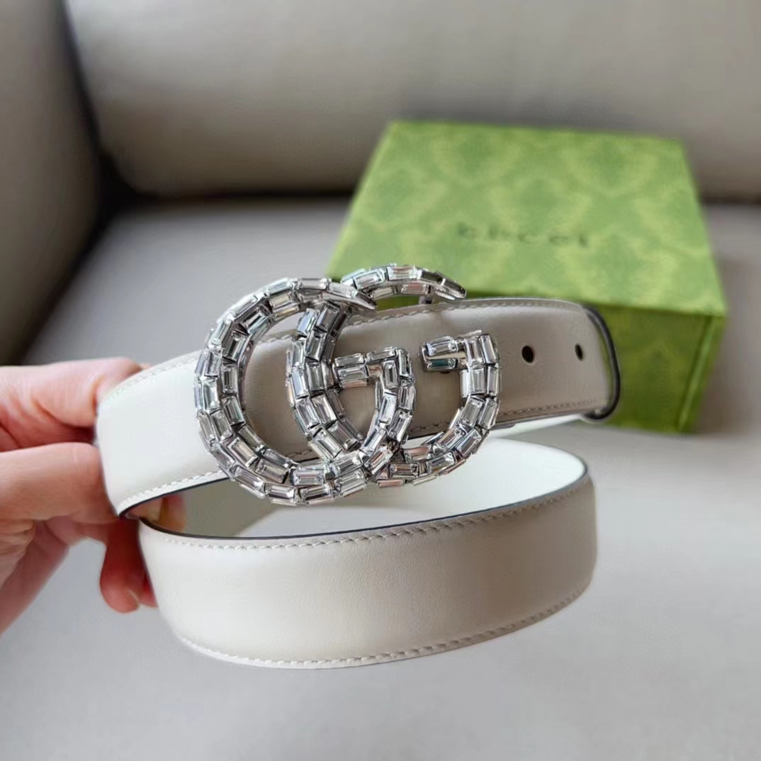 G*u*i unisex gg marmont thin belt crystals white leather double g buckle 3 cm width