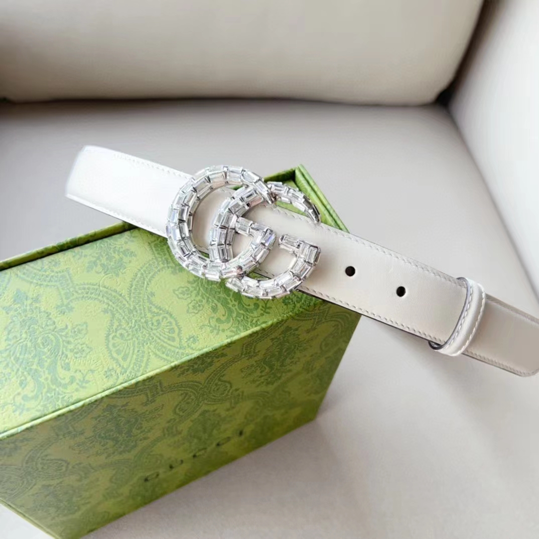 G*u*i unisex gg marmont thin belt crystals white leather double g buckle 3 cm width