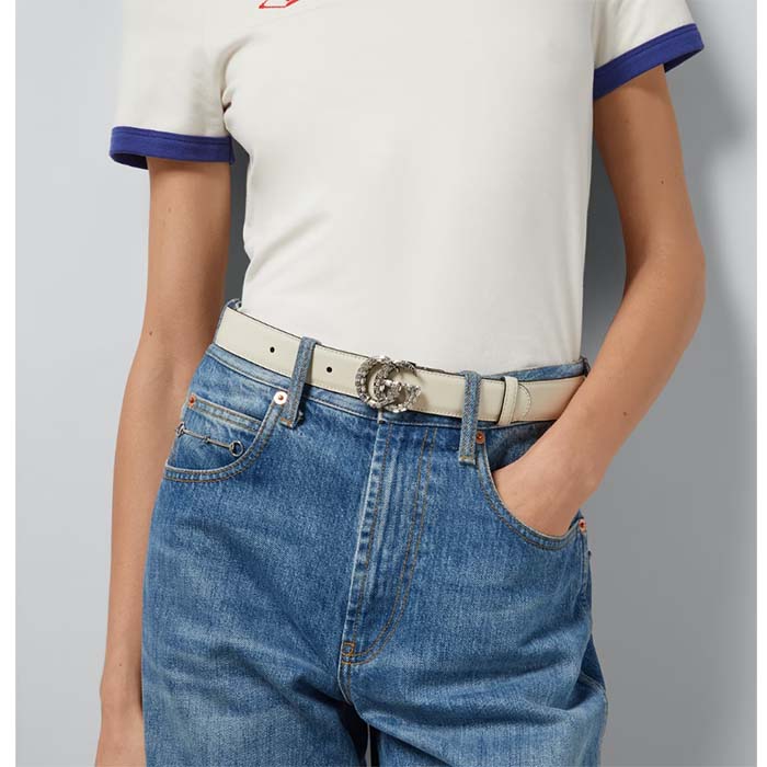 G*u*i unisex gg marmont thin belt crystals white leather double g buckle 3 cm width