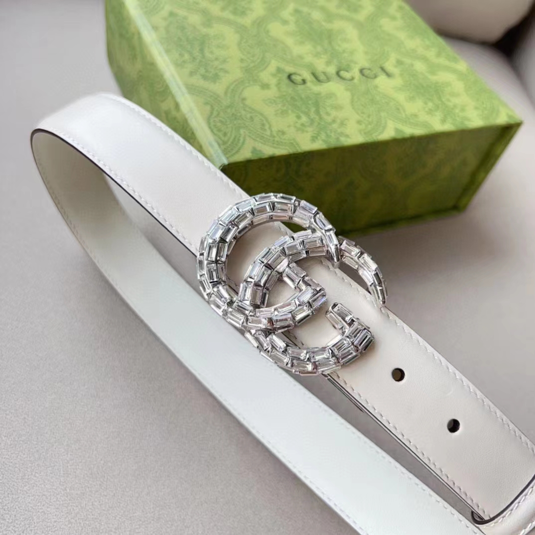 G*u*i unisex gg marmont thin belt crystals white leather double g buckle 3 cm width