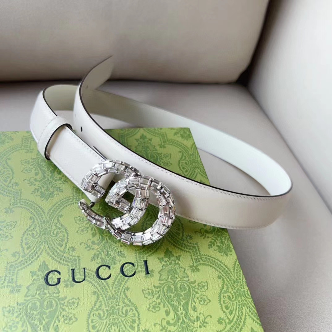 G*u*i unisex gg marmont thin belt crystals white leather double g buckle 3 cm width