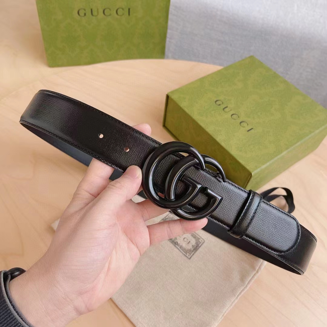G*u*i unisex gg marmont wide belt black leather double g buckle 3.8 cm width