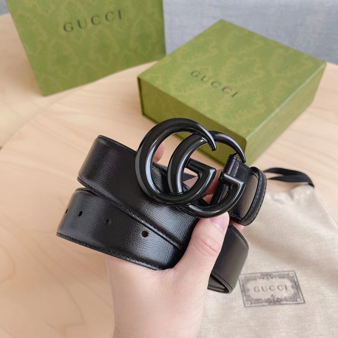 G*u*i unisex gg marmont wide belt black leather double g buckle 3.8 cm width
