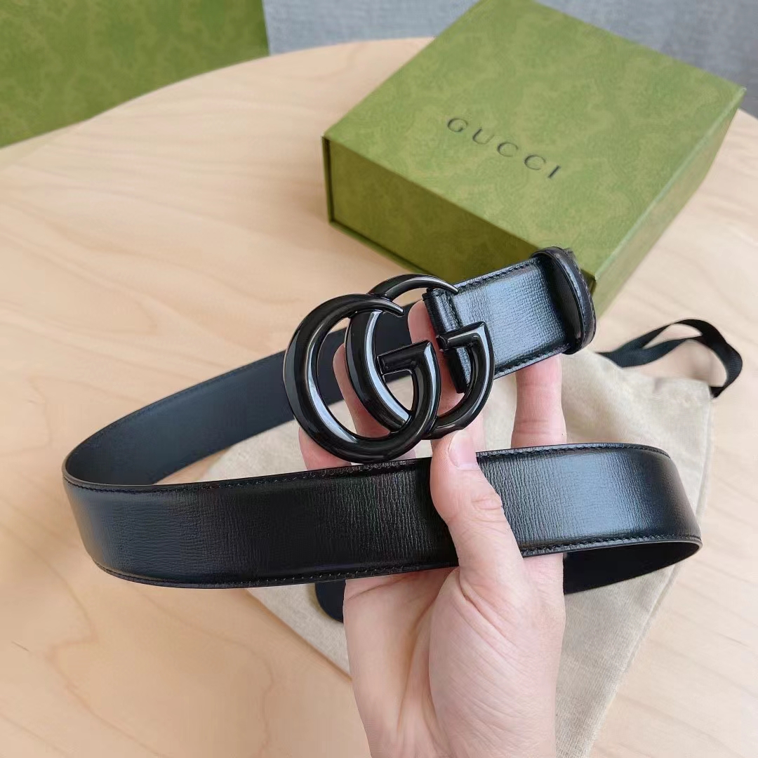 G*u*i unisex gg marmont wide belt black leather double g buckle 3.8 cm width