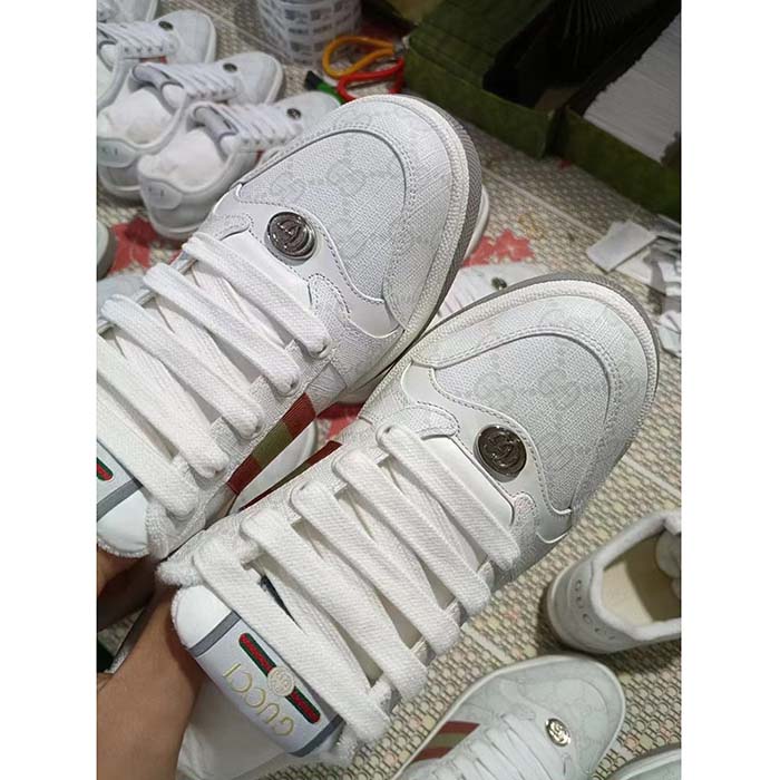 G*u*i unisex screener sneaker white gg supreme canvas pink green web rubber sole