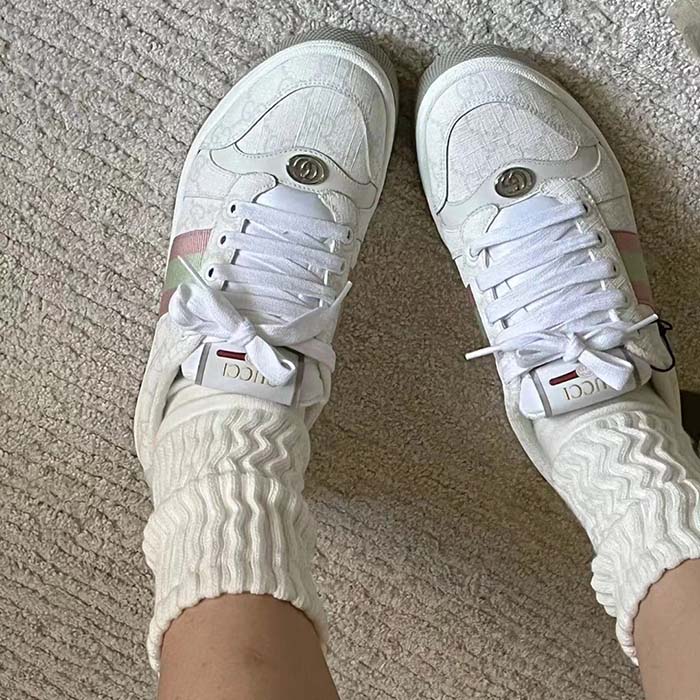 G*u*i unisex screener sneaker white gg supreme canvas pink green web rubber sole