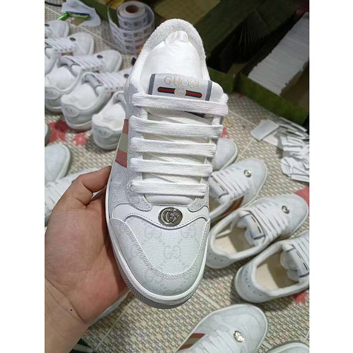 G*u*i unisex screener sneaker white gg supreme canvas pink green web rubber sole