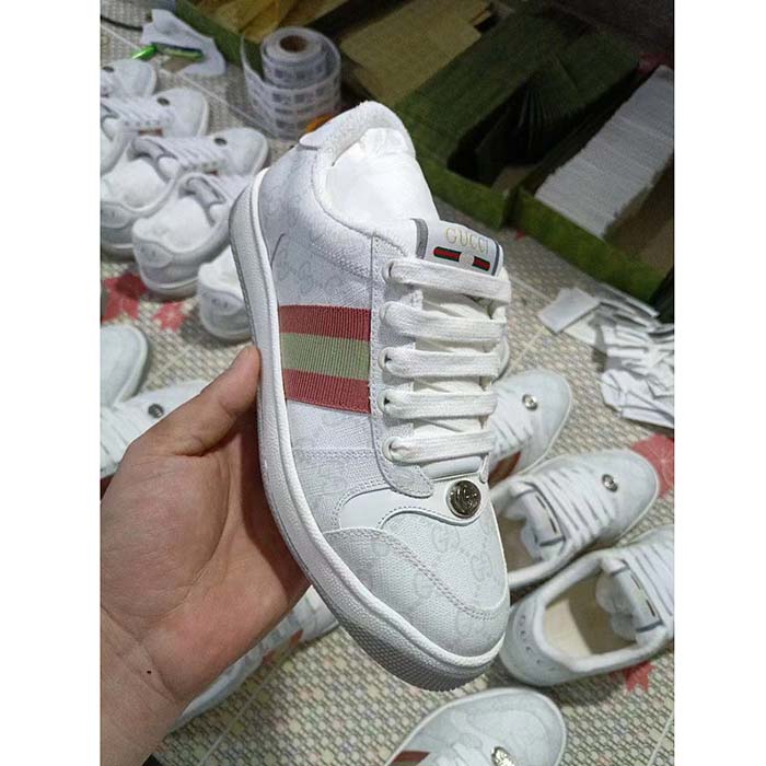 G*u*i unisex screener sneaker white gg supreme canvas pink green web rubber sole