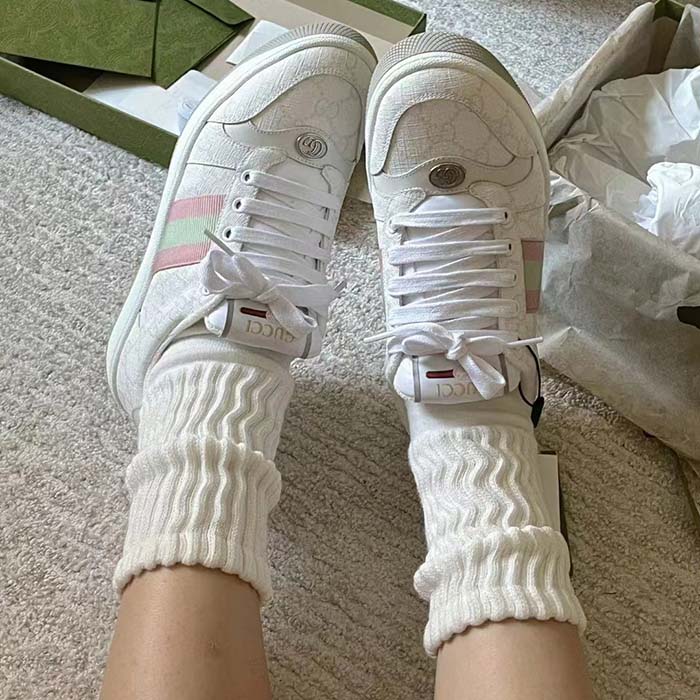G*u*i unisex screener sneaker white gg supreme canvas pink green web rubber sole