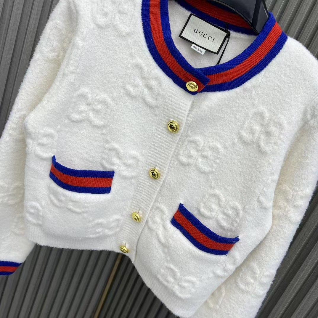 G*u*i women felted gg wool cardigan web ivory crewneck dropped shoulder long sleeves
