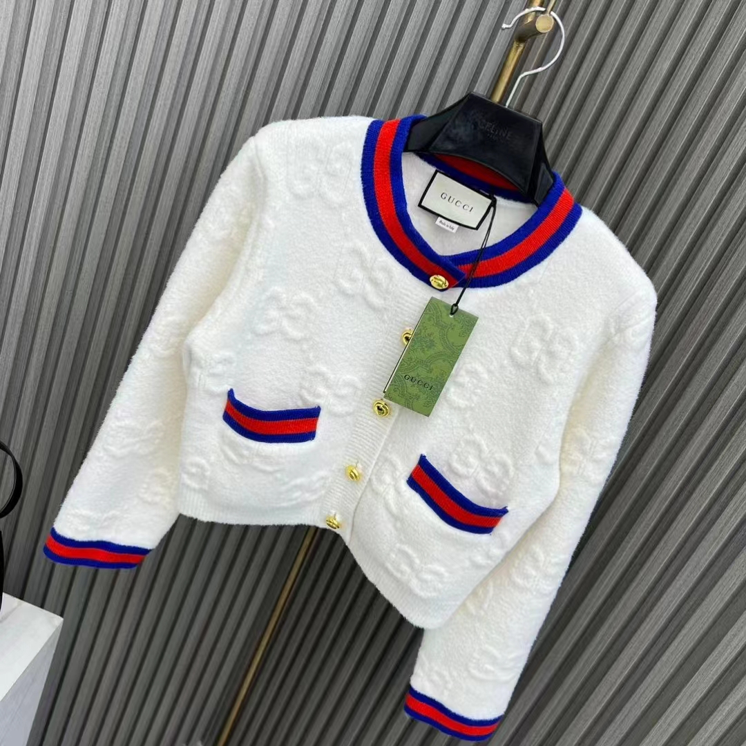 G*u*i women felted gg wool cardigan web ivory crewneck dropped shoulder long sleeves