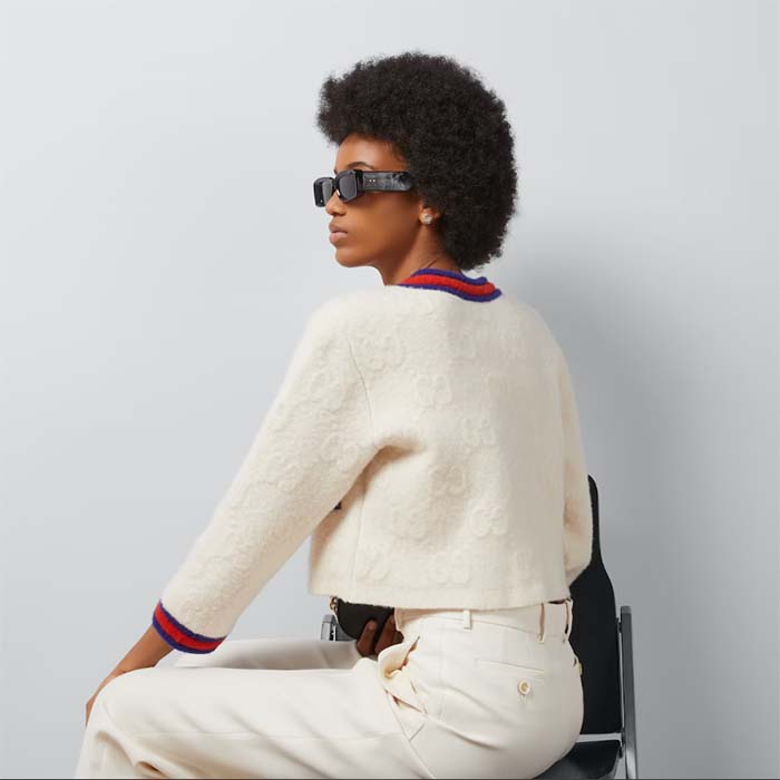 G*u*i women felted gg wool cardigan web ivory crewneck dropped shoulder long sleeves