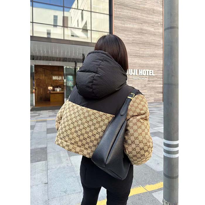 G*u*i women gg canvas bomber jacket camel ebony black trim lined dropped shoulder padded