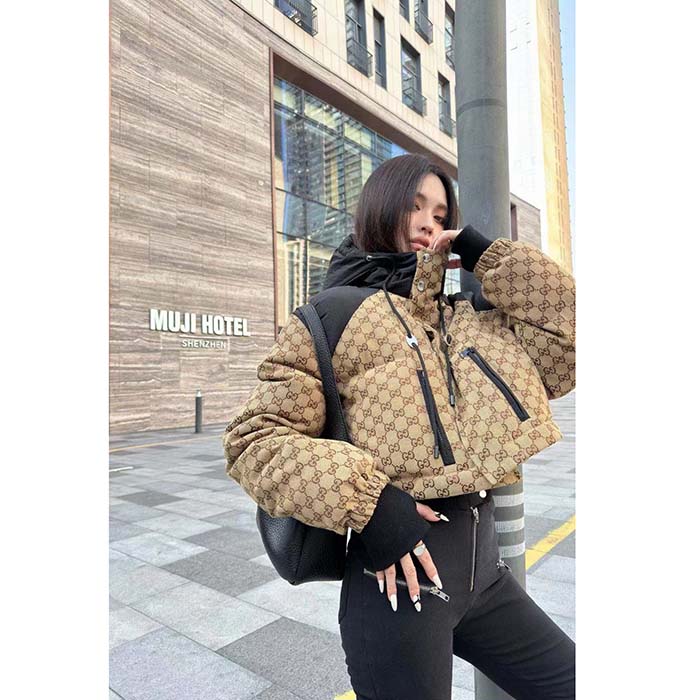 G*u*i women gg canvas bomber jacket camel ebony black trim lined dropped shoulder padded