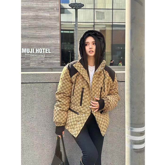 G*u*i women gg canvas bomber jacket camel ebony black trim lined dropped shoulder padded