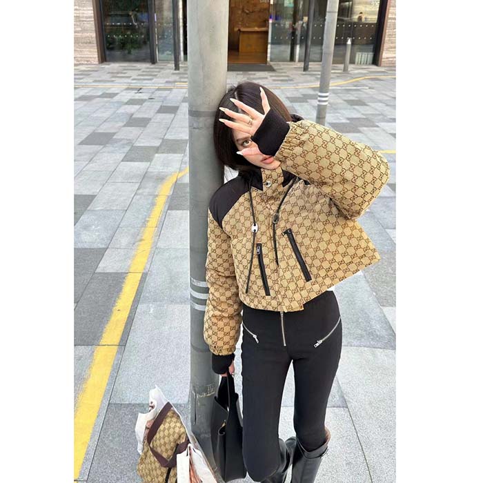 G*u*i women gg canvas bomber jacket camel ebony black trim lined dropped shoulder padded