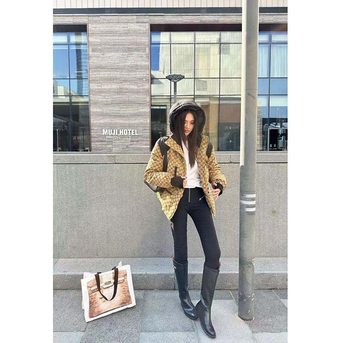 G*u*i women gg canvas bomber jacket camel ebony black trim lined dropped shoulder padded