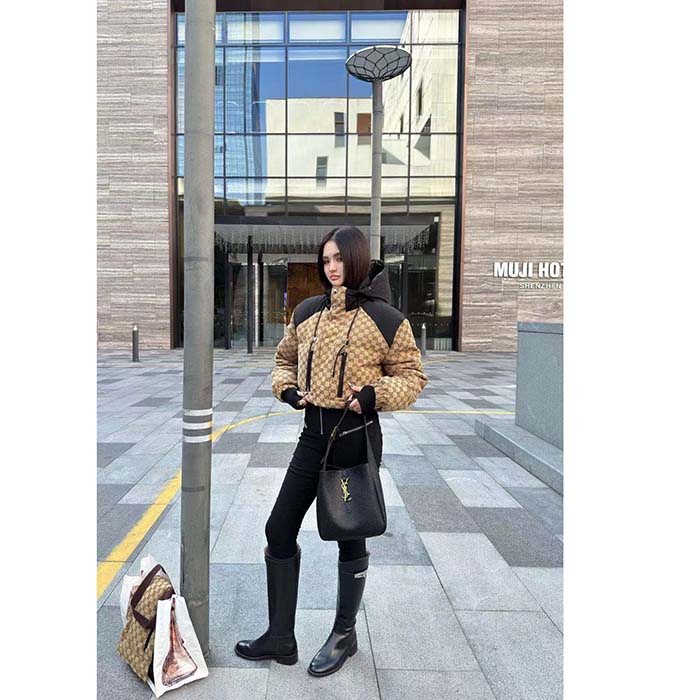 G*u*i women gg canvas bomber jacket camel ebony black trim lined dropped shoulder padded