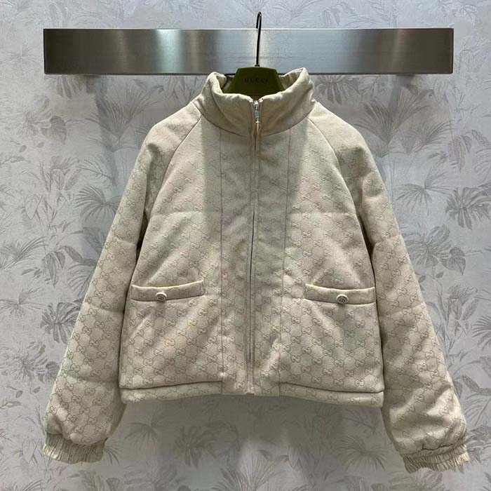 G*u*i men gg canvas bomber jacket cream self-covered buttons interlocking g lined high neck