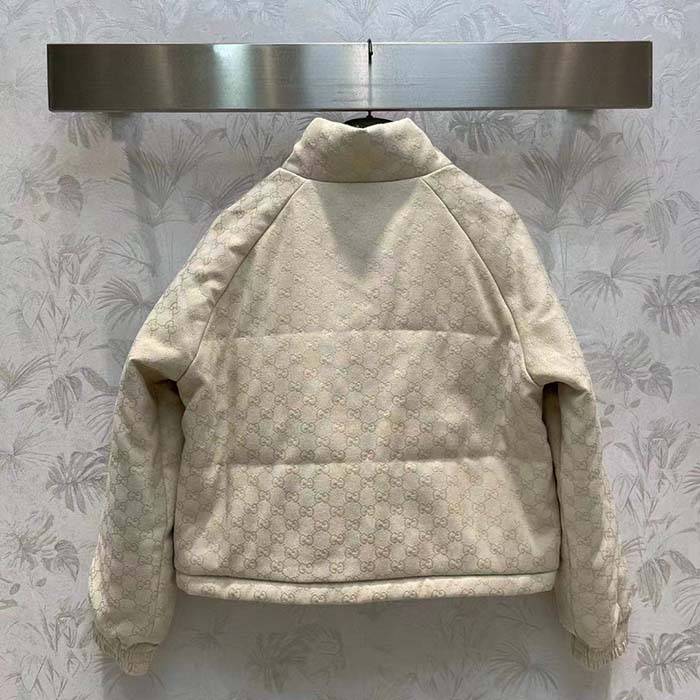 G*u*i men gg canvas bomber jacket cream self-covered buttons interlocking g lined high neck