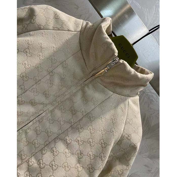 G*u*i men gg canvas bomber jacket cream self-covered buttons interlocking g lined high neck