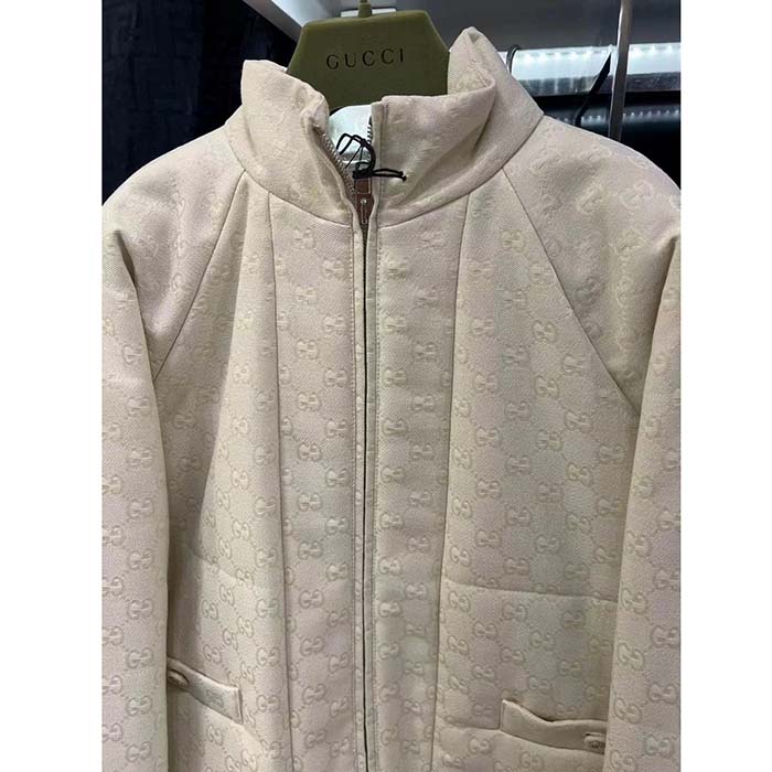G*u*i men gg canvas bomber jacket cream self-covered buttons interlocking g lined high neck