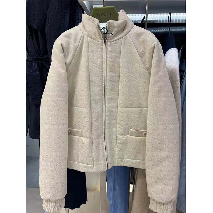 G*u*i men gg canvas bomber jacket cream self-covered buttons interlocking g lined high neck