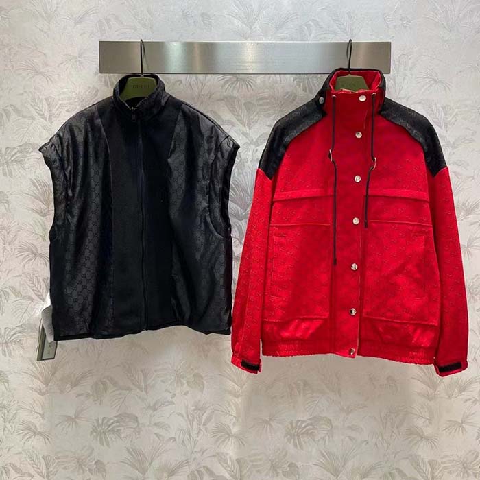 G*u*i men gg canvas bomber jacket high neck drawstring detachable hood gilet dropped shoulder