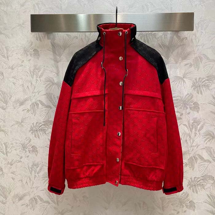 G*u*i men gg canvas bomber jacket high neck drawstring detachable hood gilet dropped shoulder