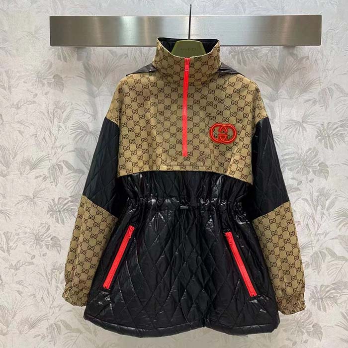 G*u*i men gg canvas nylon zip jacket interlocking g patch high collar drawstring waistband