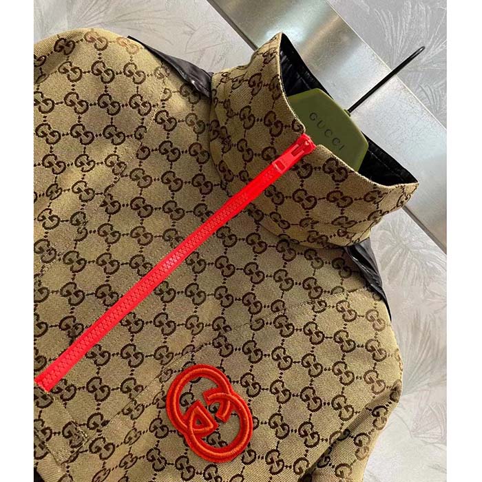 G*u*i men gg canvas nylon zip jacket interlocking g patch high collar drawstring waistband