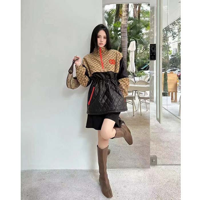 G*u*i women gg canvas nylon zip jacket interlocking g patch high collar drawstring waistband
