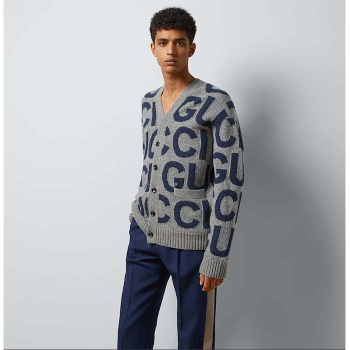G*u*i men gg cardigan G*u*i intarsia grey wool blue v-neck dropped shoulder long sleeves two pockets