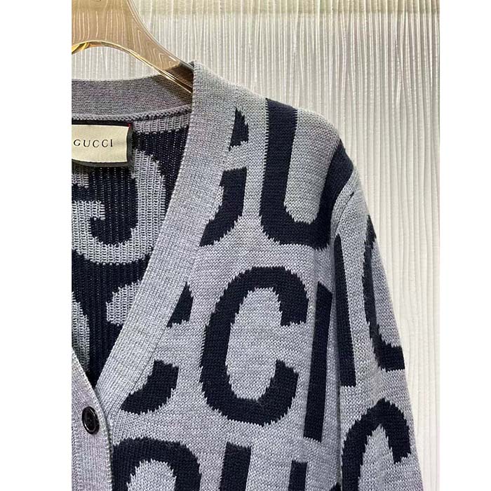 G*u*i men gg cardigan G*u*i intarsia grey wool blue v-neck dropped shoulder long sleeves two pockets