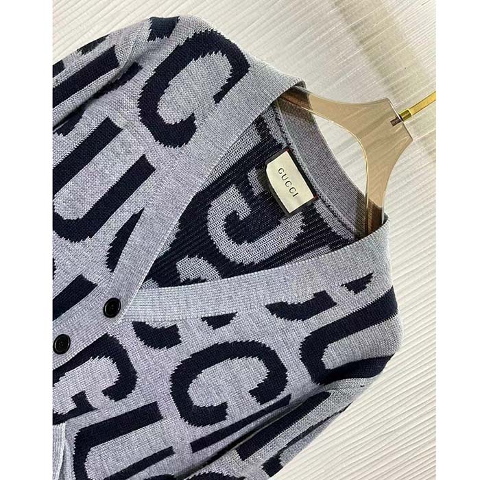 G*u*i men gg cardigan G*u*i intarsia grey wool blue v-neck dropped shoulder long sleeves two pockets
