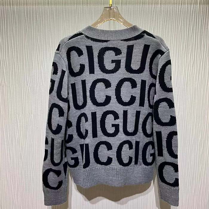 G*u*i men gg cardigan G*u*i intarsia grey wool blue v-neck dropped shoulder long sleeves two pockets